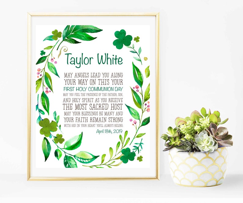 Shamrock Irish Blessing Boy First Holy Communion Printable Girl Communion poem sign May angels lead you Communion sign Godmother Gift idb385 image 1