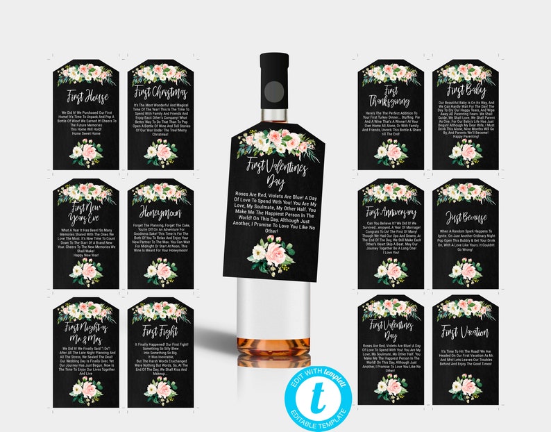 Editable Marriage Milestone Wine Basket Tags Wine Poem A Year Etsy