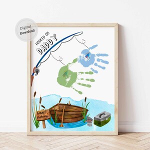 Fisgado no papai dia dos pais peixe handprint artesanato modelo para impressão pai 2 duas mãos lembrança download crianças bebês cartão infantil diy