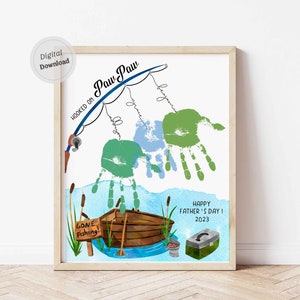 Hooked On PawPaw Handprint druckbare Kunst Vatertag PawPaw Fisch Handabdruck mit Kid Name Papa Poppy Personalisierte Handkunst Benutzerdefinierte Vorlage