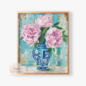Großartiger jahrtausendealter ästhetischer Druck, Ingwerglas mit Pfingstrosenplakat, modische Wandkunst, Chinoiserie-Ölgemäldegroßmutter, adrettes Wohnheimdekor