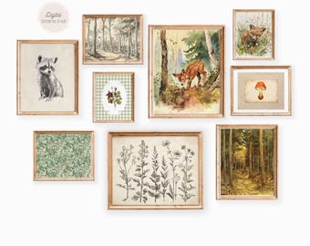 Vintage Cottagecore Nursery Gallery prints, Woodland Nature nursery pictures, Antique Woods Animals wall art, 9 piece wall art download