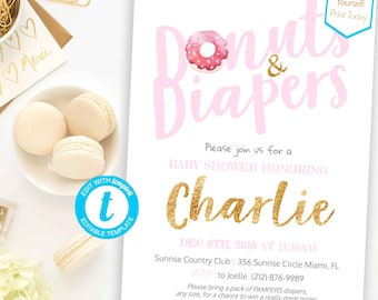 Donut and Diapers Baby Shower invitation Baby Brunch Invite Editable Pink Printable Donut Sprinkle Shower PDF template Instant download