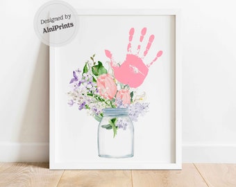 Flowers Bouquet Handprint art printable Daycare Activities DIY Birthday Mom Grandma memory keepsake toddler Gift Craft DIY Homeschool