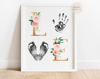 Hand and Foot print Love sign,  Mothers day crafts Handprint and Footprint art, Art Projects Infants Toddlers, newborn footprint art