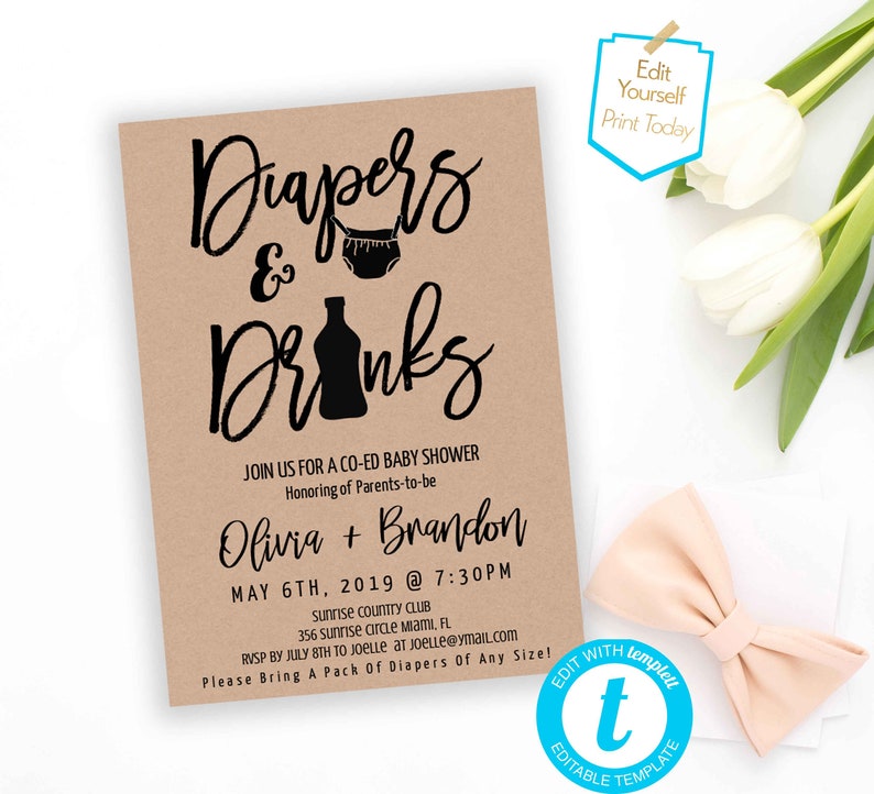 Kraft Huggies & Chuggies Rustic Diapers and drinks Baby Co-ed Shower Dad to be invite Beer Diaper baby Shower Invite Dad invite Template imagem 1