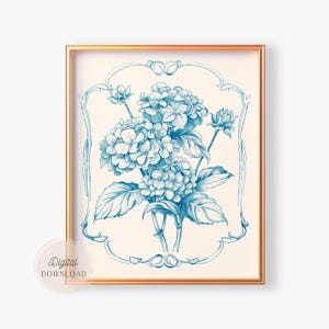 Vintage Blue Hydrangea Botanical Print: Hamptons Wall Art (Digital Download)
