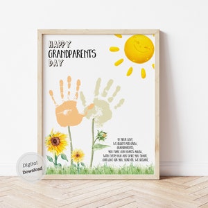 Großeltern Tag Basteln Gedicht Sonnenblume Handabdruck Kunst druckbare Großeltern Tageskarte Baby Kinder Säugling Kleinkind druckbare DIY Erinnerung Andenken