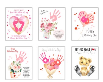 Valentine's Day Cards - 6 Valentine Handprint and Footprint Art Bungle - Valentine crafts for baby, toddler, infant daycare, keepsake gift