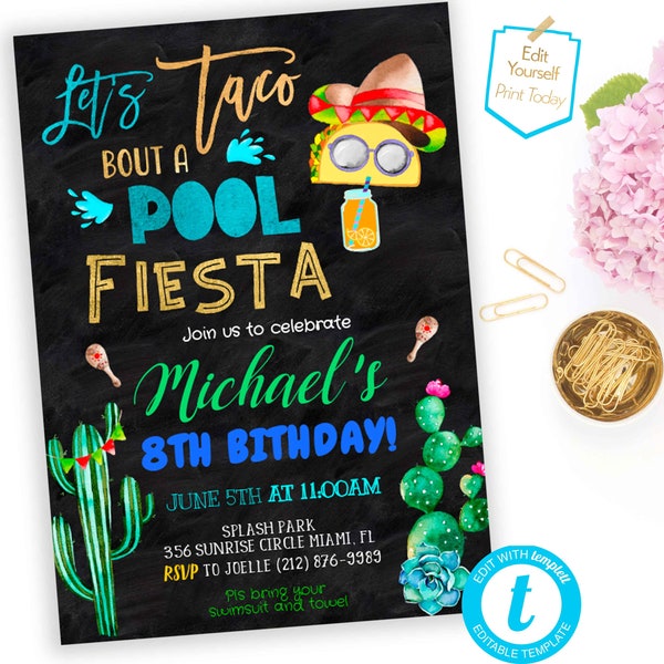 Fiesta Pool Party download Taco Bout a Pool Fiesta Birthday Invitation Pool Party Birthday Invite Splash Editable Cactus Fiesta Template