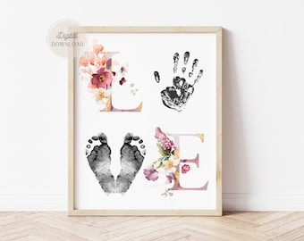 Love sign handprint and footprint - Newborn Footprint Crafts - Handprint Art - Printable template keepsake Gift - Nursery Wall Art Print