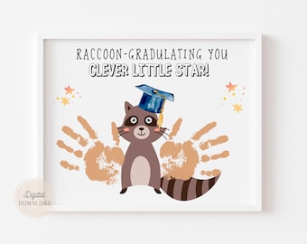 Graduation crafts, Grad Handprint, Last Day of school raccoon Handprint Art Craft, Preschool kindergarten Graduation, Plaque grad kids