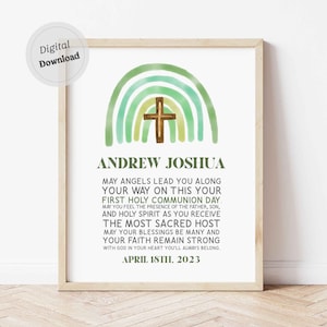 Erstkommunion Geschenk Junge druckbare Kommunionkarte Personalisiertes Zeichen Dekoration Spruch grün Regenbogen Kreuz Baby Name Spruch Wandkunst Download