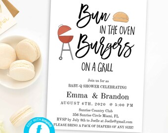 Bun in the oven invite coed baby shower couple's shower burgers on the grill BABYQ Printable Template Gender Reveal Party