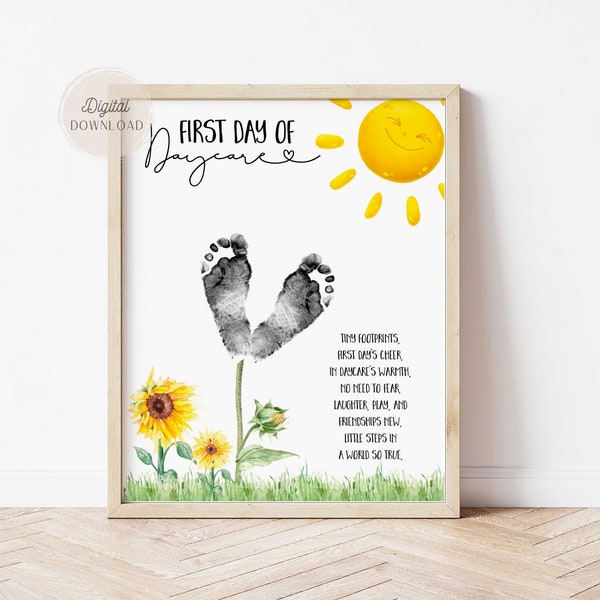 First Day of Daycare footprint Art template First Day of School sign footprint printable with name Craft Back to School sunflower Memory