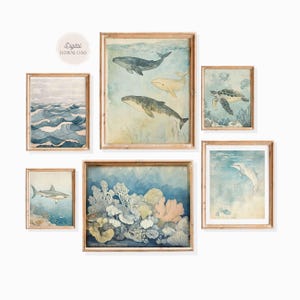 Arte de pared para guardería con temática oceánica, impresiones vintage para guardería bajo el mar, decoración de pared para habitación de niño, arte de guardería con ballenas, decoración de animales marinos, juego de 6