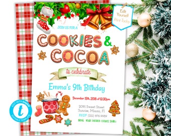 Birthday Cookies and Cocoa invitation Winter Kid's party invite Christmas Cookie party Invitation Editable PDF Instant Download template