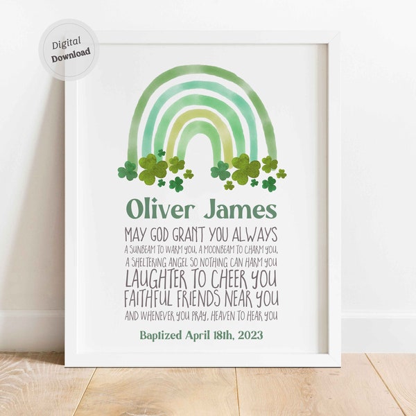 Personalized Irish Baptism baby gift Christening communion gifts Boy girl Green Rainbow Shamrock baby name Christian Nursery Irish blessing