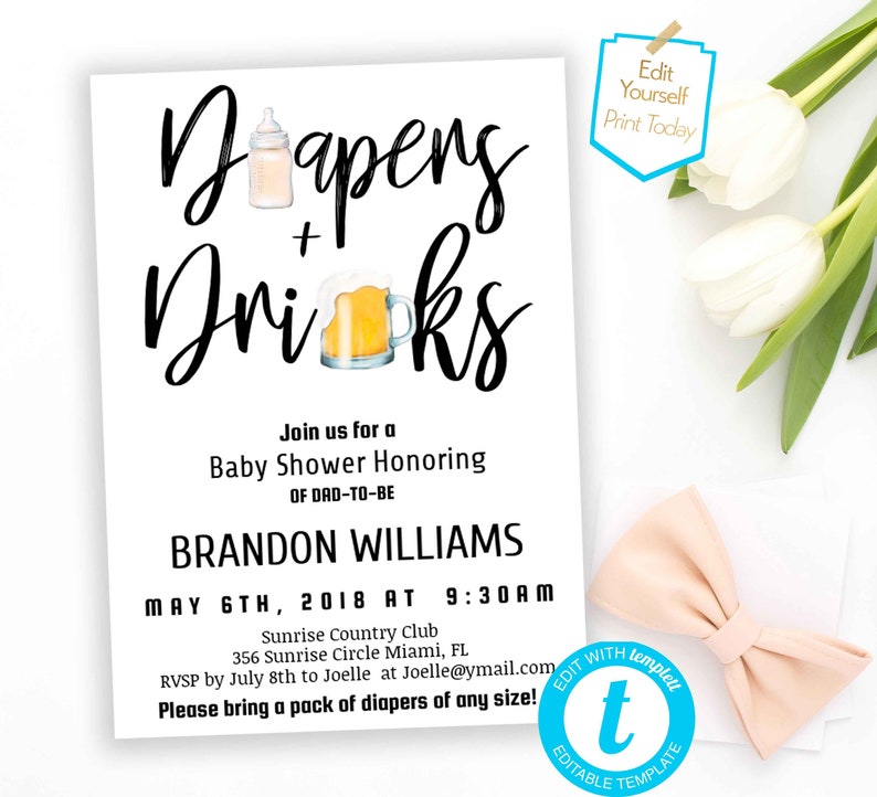 Kraft Huggies & Chuggies Rustic Diapers and drinks Baby Co-ed Shower Dad to be invite Beer Diaper baby Shower Invite Dad invite Template imagem 4