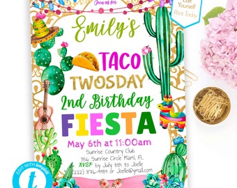 Taco Twosday Birthday Invitation Editable Taco Fiesta 2nd Second Birthday Invite Cactus Invite Template Gold Mexican Birthday Cinco de Mayo