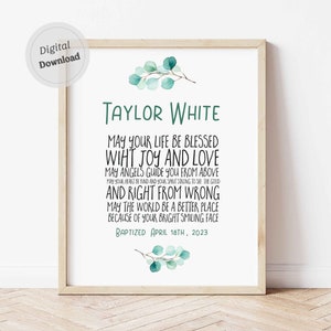 Taufgeschenk Junge Erstkommunion Geschenk druckbare Karte Personalisiertes Kreuz Segen Druck Taufe Dekoration Schrift Eukalyptus