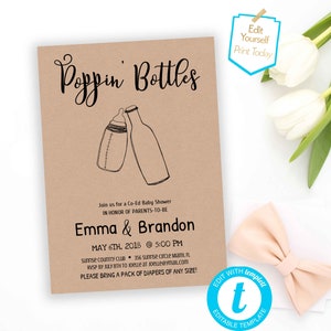 Poppin Bottles Minimalist Baby Shower Invitation Gender Reveal Co Ed Baby Shower Editable Modern invite Dads baby shower Couples baby shower image 1