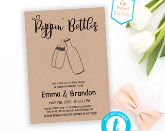 Poppin Bottles Minimalist Baby Shower Invitation Gender Reveal Co Ed Baby Shower Editable Modern invite Dads baby shower Couples baby shower