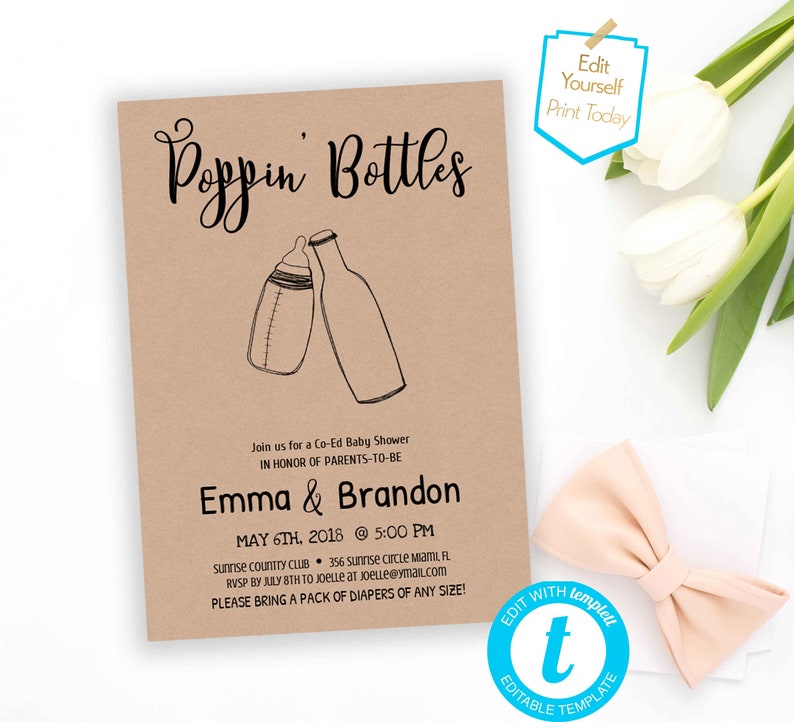 Poppin Bottles Minimalist Baby Shower Invitation Gender Reveal Co Ed Baby Shower Editable Modern invite Dads baby shower Couples baby shower image 1