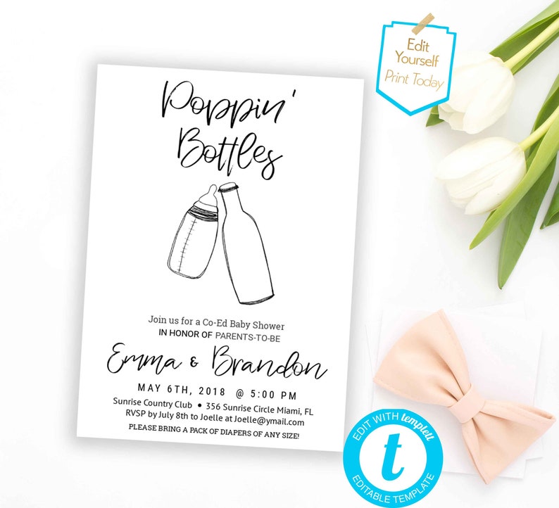 Poppin Bottles Minimalist Baby Shower Invitation Template Etsy