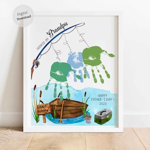 Hooked On Grandpa Father's day Handprint art Printable template  with Kids Name Papa Personalized 3 tree hands art Custom