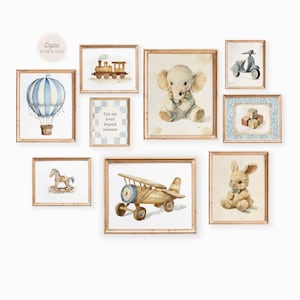 French Vintage Toy Nursery Wall Set: Bear, Lamb, Duck, Horse, Blue Decor for Boy
