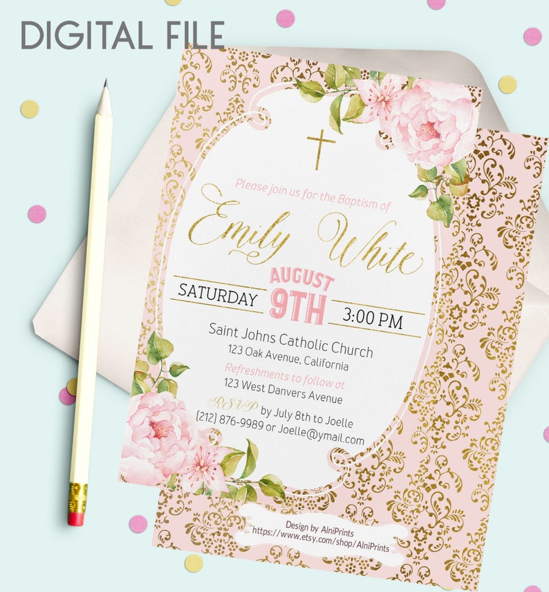 Girl Baptism Invitation Custom First Communion Shabby Chic Rustic Blush Pink white Peonies Personalized Christening Baptism Invite idbi7