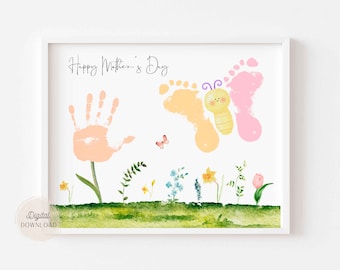 Fête des mères imprimée à la main, art de la main et des empreintes de pas, art de l'empreinte de main papillon et fleur, art de l'empreinte de pas pour les nourrissons, carte artisanale de la fête des mères