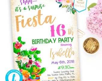 Surprise Fiesta Birthday Invite 16th Birthday Invitation Editable Cactus Invite Template Gold Mexican Fiesta adulte Anniversaire doux 16