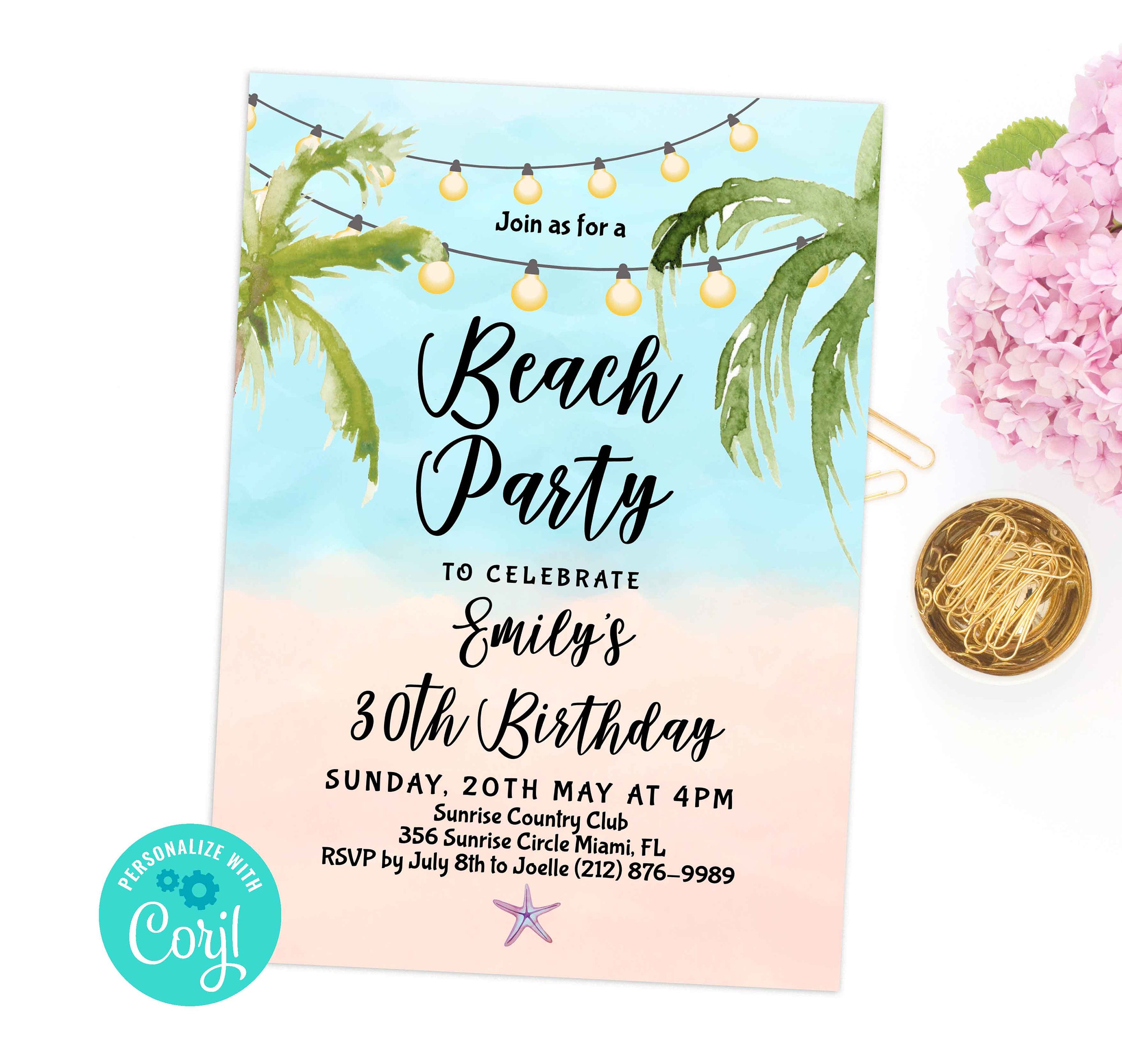 Invitaciones modernas a la fiesta de cumpleaños en la playa rosa y azul  océano - Venngage