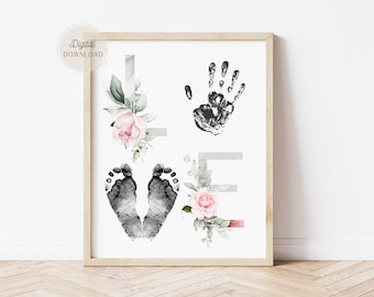 Love handprint and footprint sign - Newborn Footprint Art -  Handprint Craft Art - Printable template keepsake Gift - Nursery Wall Art Print