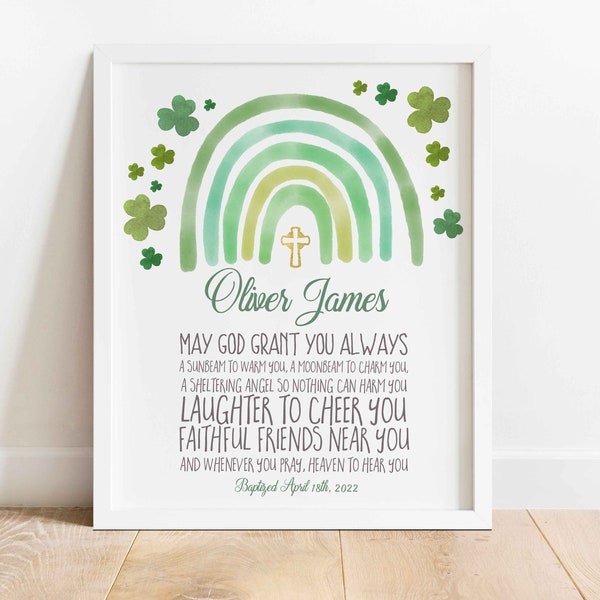 Irish baby gift Baptism Gift Christening gifts  Green Rainbow Shamrock baby name Bible Verse print Boho Christian Nursery Irish blessing