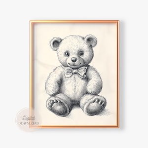 Lámina de guardería de osito de peluche, arte de pared de guardería vintage, boceto de osito de peluche, lámina de arte de guardería antigua parisina, sala de juegos Grand Millennial