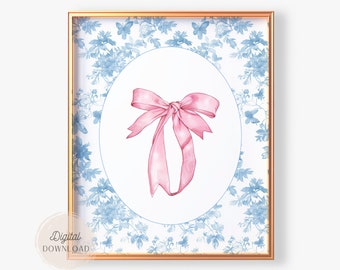 Rosa Schleife Chinoiserie Druck: Retro Preppy Kinderzimmer Kunst (Digitaler Download)