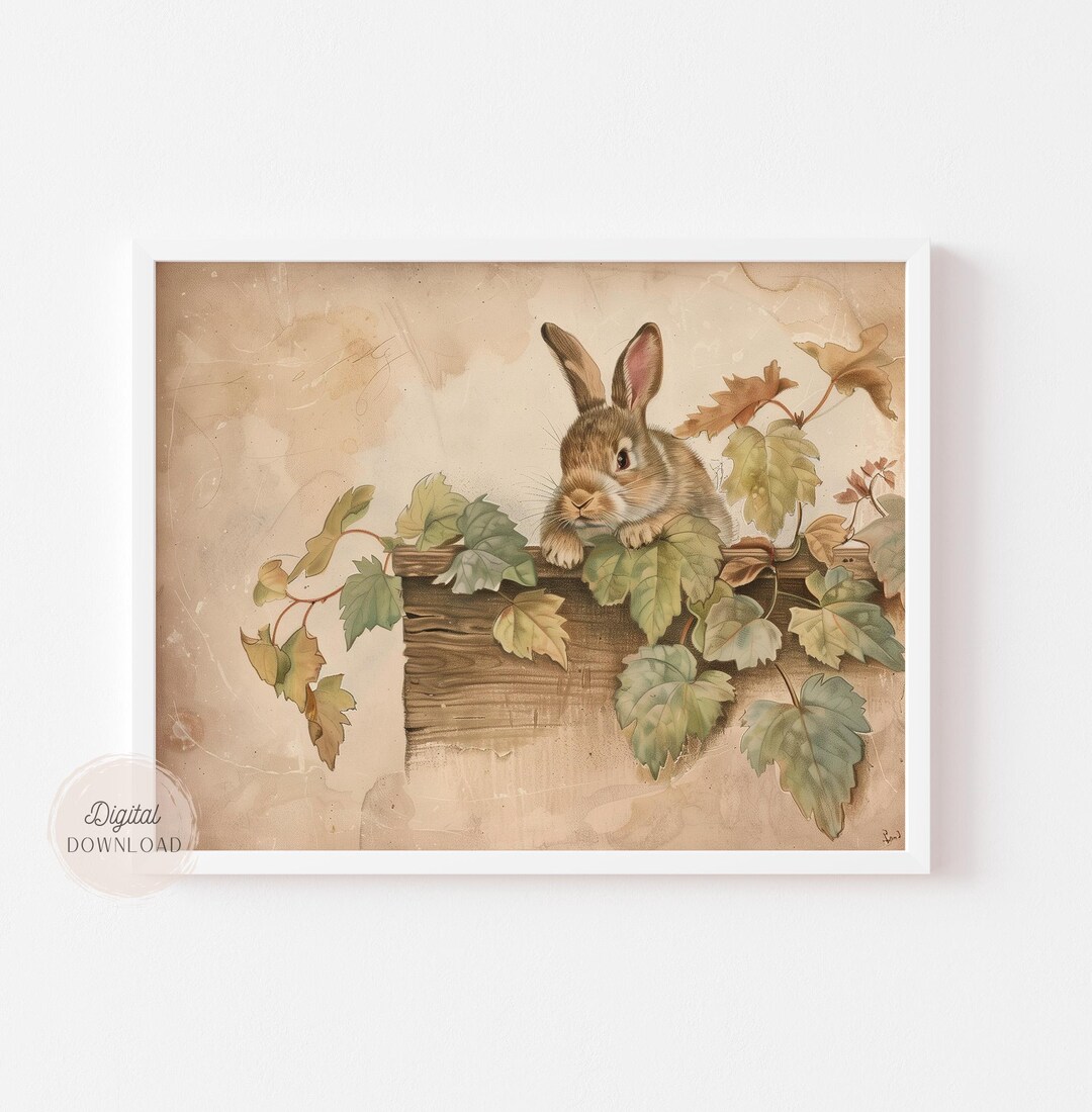 Vintage Bunny Nursery Art Print, Rabbit Farmhouse Artwork, Earthy ...
