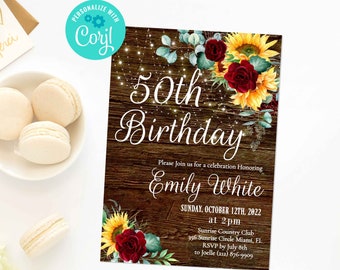 Sunflower Red Roses Birthday invitation for Women Template Download Rustic Invitation Printable Editable 30th 40th 50th 60th 70th 80th evite