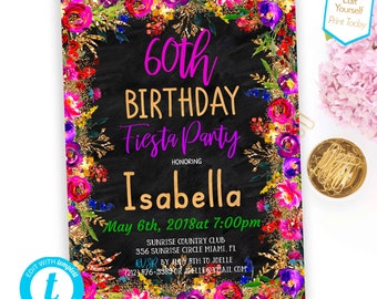 60ème anniversaire Fiesta Anniversaire Inviter Surprise Fiesta Anniversaire Inviter Modèle modifiable Floral Mexican Birthday Invite Gold Télécharger PDF