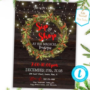 Christmas Business invite Sip and Shop Holiday invite Boutique Invite Ladies' Night Out Company open house shopping flyer template PDF