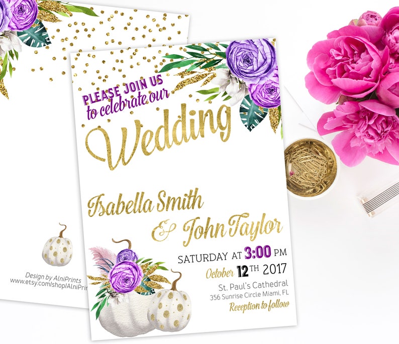 Wedding Invitation Printable pumpkin Wedding Glitter Confetti Gold plum Wedding Purple Fall Wedding Invitation instant download idw2