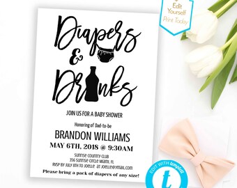 Minimalist Diapers and drinks Baby Co-ed Shower Dad to be invite Beer Diaper baby Shower Invite Dad invite  Template Huggies & Chuggies