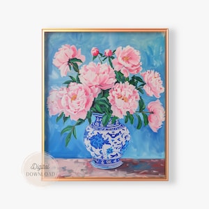 Ingwerglasdruck, Pfingstrosenmalerei, jahrtausendealte trendige Wandkunst, ästhetisches Chinoiserie-Vintage-Dekor, Großmutter, Preppy-Dekor