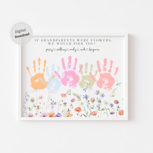 si los abuelos fueran flores, haríamos el arte de la huella de la mano del día de los abuelos Tarjeta de plantilla de huella de mano personalizada con nombres de tallos 3 4 5 6 manos