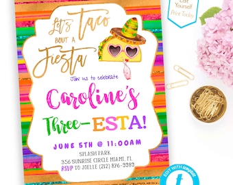 Three-esta Birthday Invite 3rd  Birthday Fiesta Invite Tree Fiesta taco Birthday party Invitation Editable Invite Instant Download Template