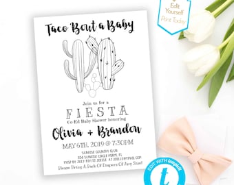 Minimalist Co-Ed Fiesta Baby Shower invitation template  Editable taco bout a baby Invitation Gender Neutral Cactus Invite  PDF print home