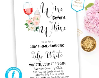 Wine before whine Instant Download Editable Baby Shower Girl Invitation templete newborn introduction Baby Brunch Invitation newborn